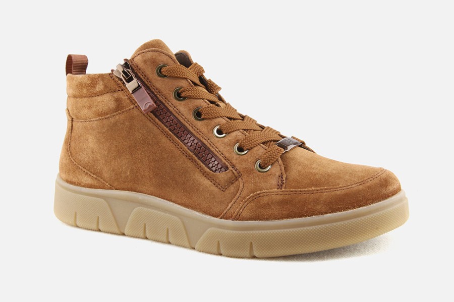 Women Ara | Ara - Romy Sport Hi Zip Caramel Lace-Up Boots On Labotte