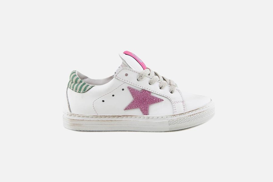 Girls Rondinella | Rondinella - Cajole Blanc Star Rosa Lace-Up Shoes On Labotte