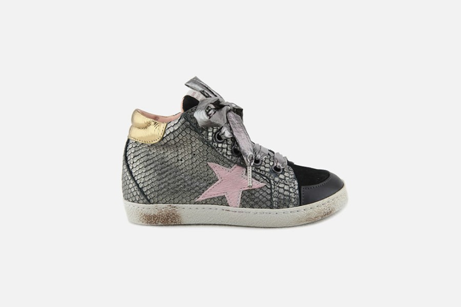 Girls Rondinella | Rondinella - Candy Black Silver Pink Lace-Up Boots On Labotte